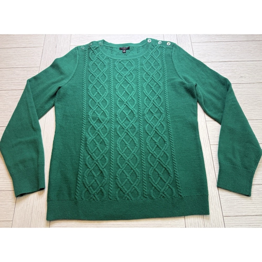 Talbots Green Cable Knit Lambswool Blend Women's Crewneck Sweater Sz M Preppy